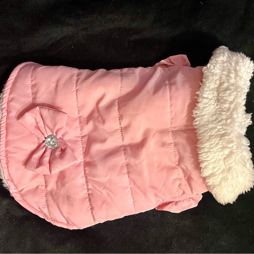 Pink and White Dog Winter Vest with Faux Fur Trim